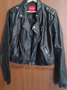 GUESS Black Faux Leather Moto Jacket with Silver Hardware